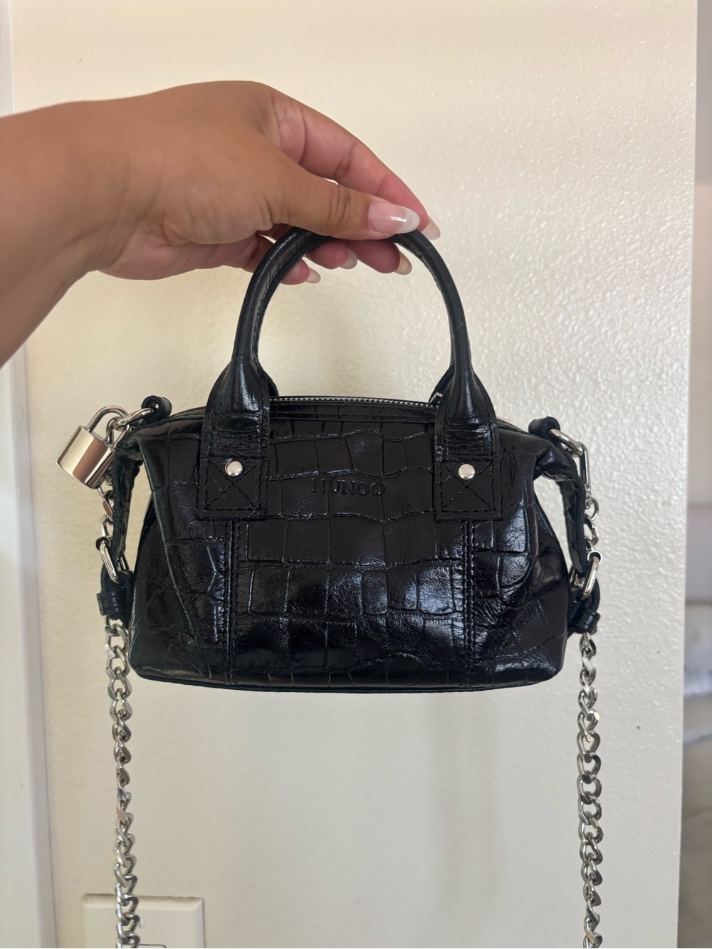 Nunoo Black Croc-Embossed Mini Satchel with Silver Chain